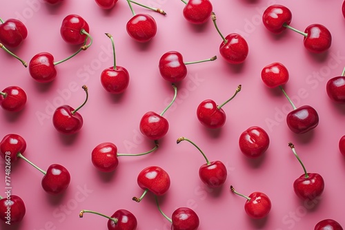 Pattern of ripe cherries on pink background