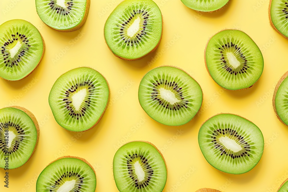 Fototapeta premium Pattern of ripe kiwi slices on yellow background