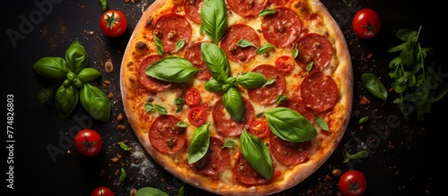 Delicious pizza with slices of pepperoni and fresh basil leaves, placed on a wooden table