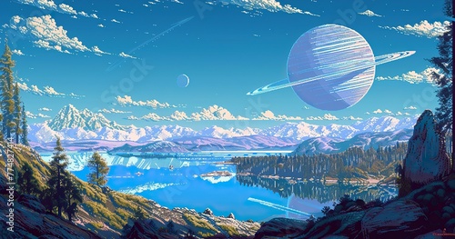 16 bit pixel art ,Landscape from a foreign moon, lush nature, large lakes with blue water, view of a gas giant with a ring in the sky, sunny day at noon