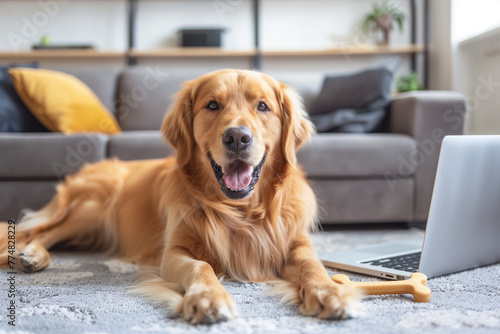 A happy golden retriever dog is sitting on a carpet in front of an open laptop, playing with his toy while watching TV shows.