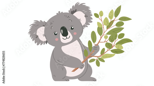 Koala holding a branch of eucalyptus tree flat