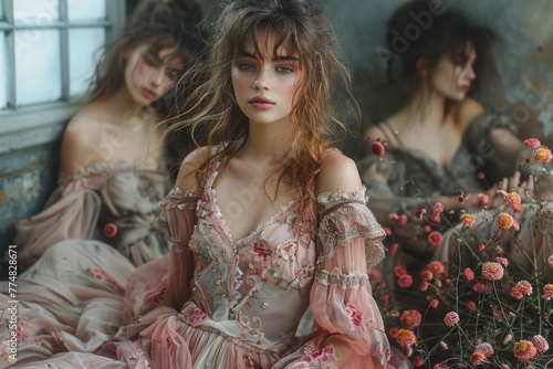 Vintage-inspired portrait of a woman in a floral gown, surrounded by a mirage of blooms