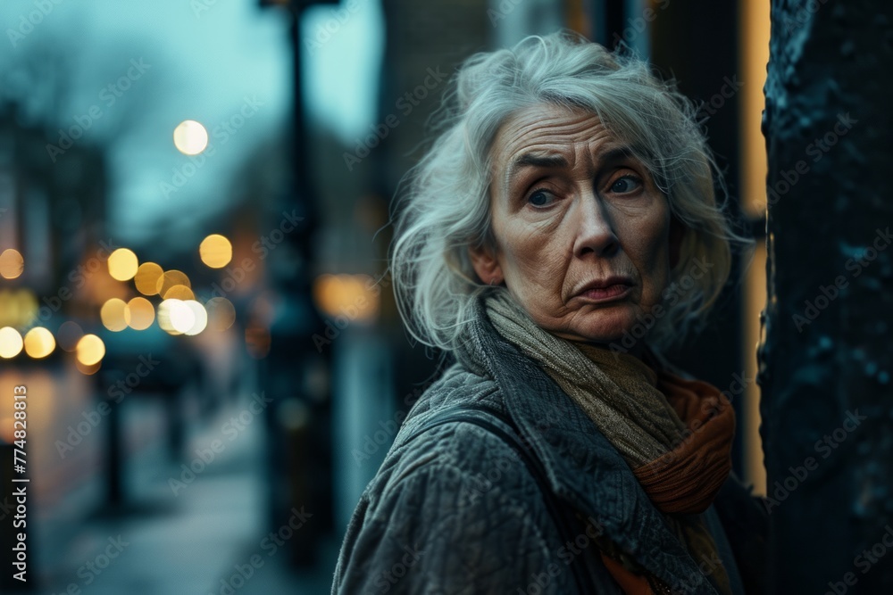 Portrait of an elderly woman on the street in the evening.