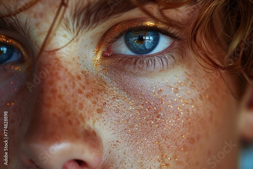 A constellation of freckles dances across her cheeks, eyes like ocean storms, capturing the wild beauty of nature's own art.

 photo
