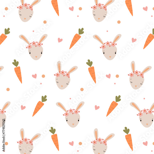 Vector pattern with cute little bunnies and carrots