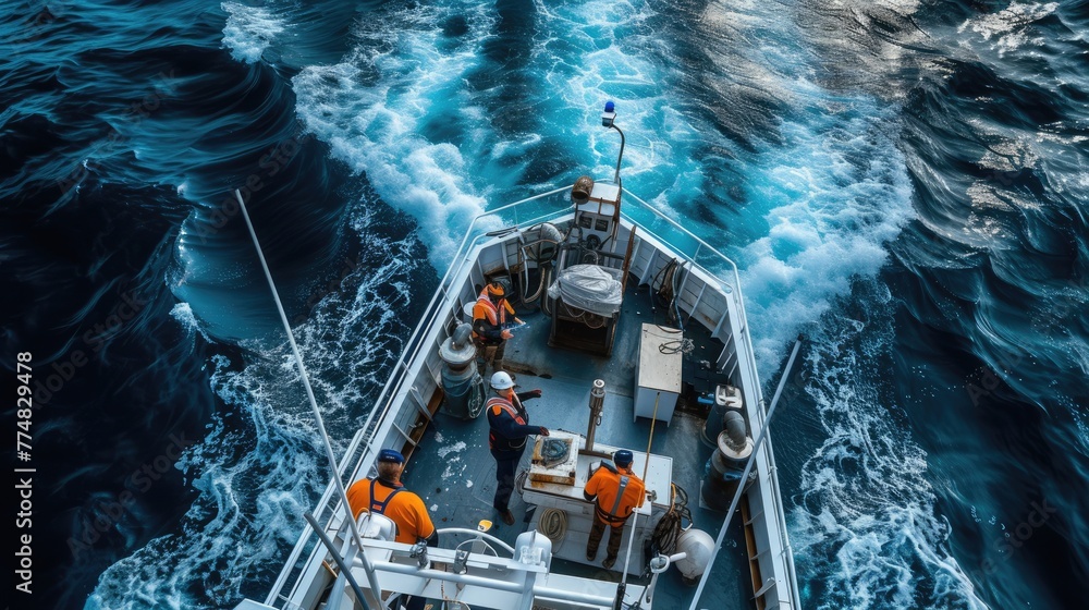 A rugged fishing boat cuts through turbulent ocean waves under a dramatic overcast sky, showcasing the resilience of maritime workers. AIG41 - obrazy, fototapety, plakaty 