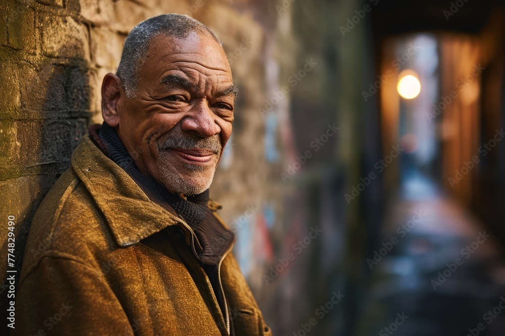 Portrait of an old man in a city street at sunset.