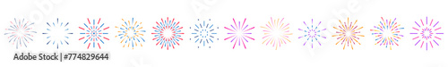 Set of colorful fireworks. Festive explosion of fireworks with stars and sparks. Party, festival, feasts, multi-colored sky, explosion stars. Celebrations birthday or Christmas. Vector illustration.