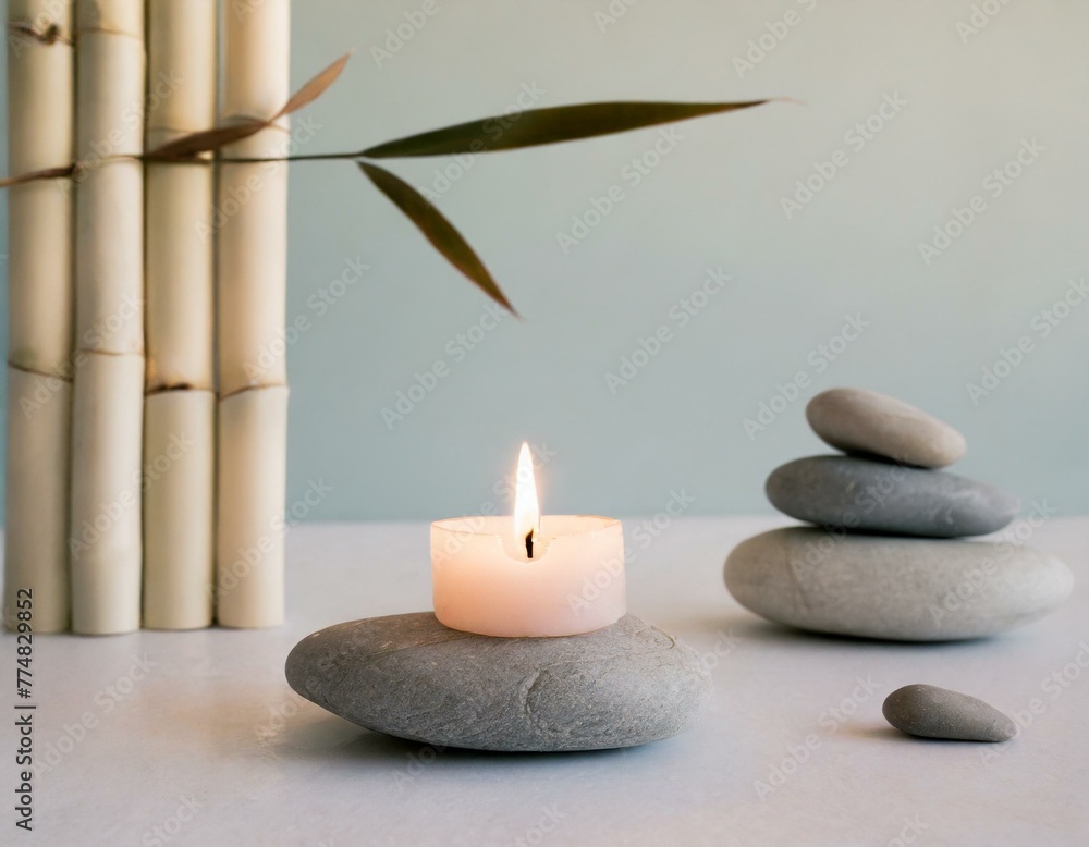 A minimalist meditation space with a small, flickering candle set amidst smooth stones and bamboo, promoting tranquility and focus in a serene, natural environment A minimalist meditation space with a small, flickering candle set amidst smooth stones and bamboo, promoting tranquility and focus in a serene, natural environment