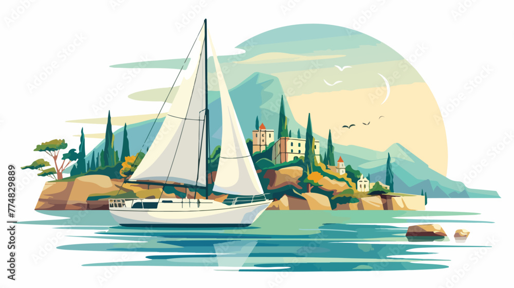 Sailboat against a beautiful landscape flat vector is - obrazy, fototapety, plakaty 