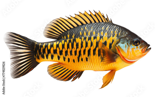A striking black and yellow fish swimming gracefully on a white background