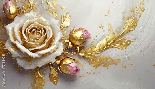 White and gold background with 3D roses covered with gold paint © Monika