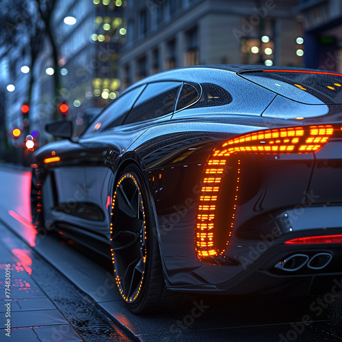 car on the street, color black with led light. Image 4k and copyspace © Susana