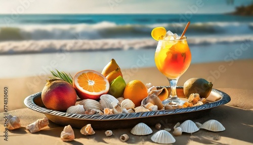 Taca z drinkiem, owocami i muszlami leżąca na plaży. W tle morskie fale. Wakacyjne tło
