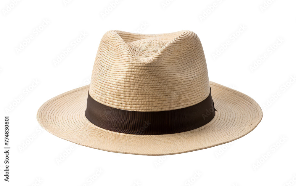 A white hat with a distinctive brown band, embodying timeless style and sophistication