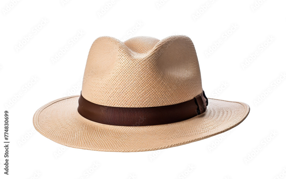 A white hat featuring a stylish brown ribbon around its brim, exuding sophistication and charm