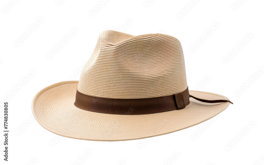 A white hat featuring a stylish brown ribbon around the brim, adding a touch of sophistication to its design