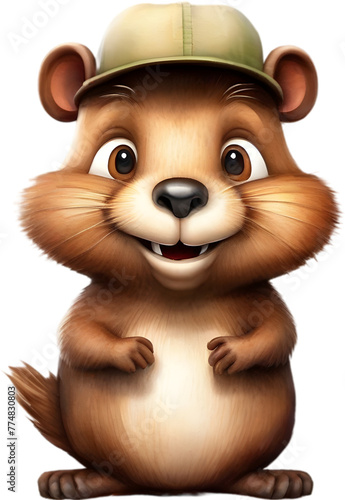 Watercolor painting of a cute beaver in cartoon style.