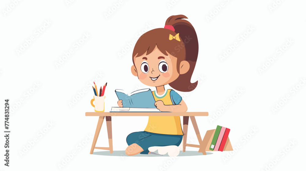 Little girl studying on the desk flat vector isolated