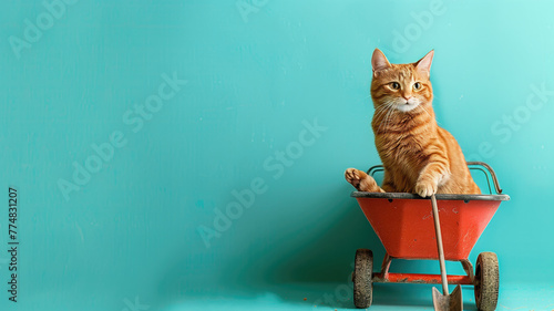 Orange tabby cat sitting inside red wheelbarrow against teal blue background
