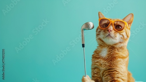 Orange cat with sunglasses next to golf club against teal background