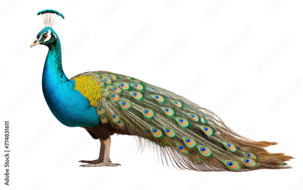 Fototapeta premium A stunning peacock displays its vibrant blue and yellow feathers in a magnificent spectacle