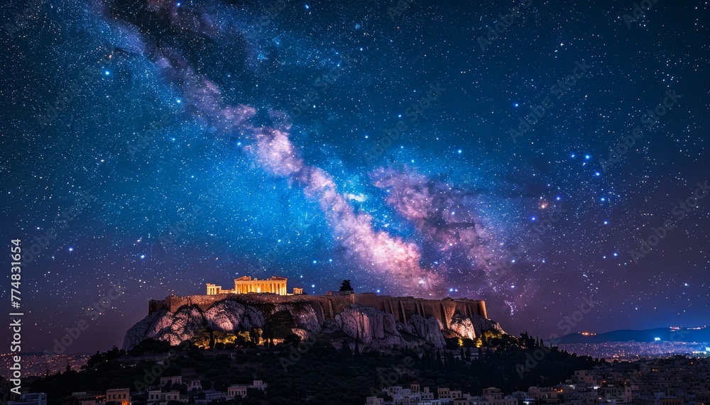 a building on a hill with a starry sky