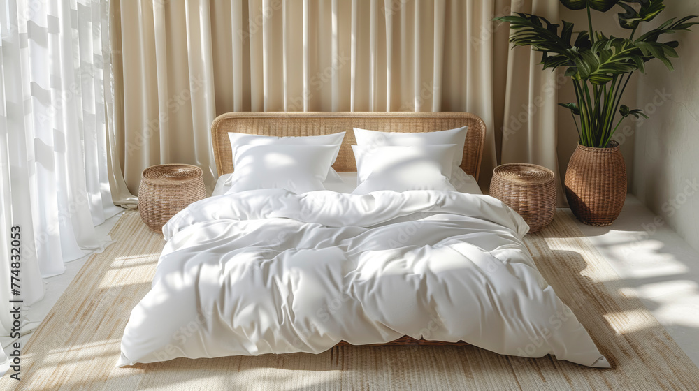A bed with white linens stands in the boho style room interior. A bed with white linens stands in the boho style room interior.