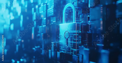 Cybersecurity Padlock on Digital Data Blocks
