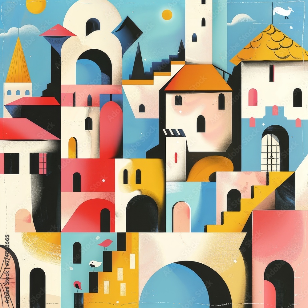 a colorful city with many buildings