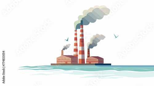 Smoking factory chimney by water flat vector isolated