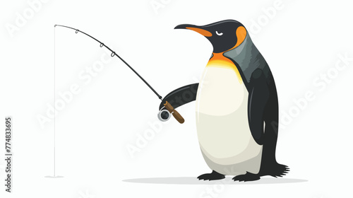 Penguin fishing isolated on white background flat