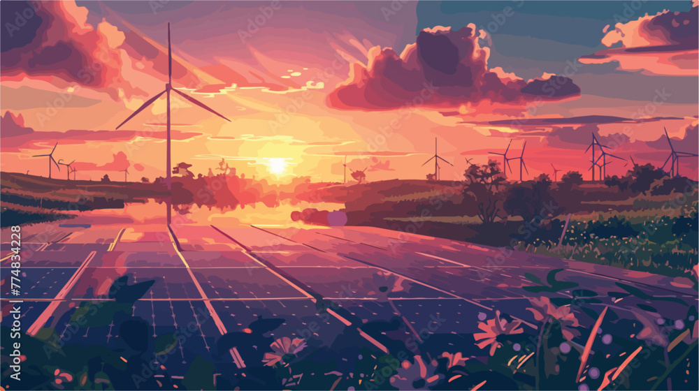 Sunset view of solar panels and wind turbines - obrazy, fototapety, plakaty 