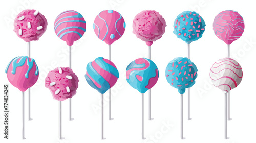 Tasty cake pops and cotton candies isolated on white