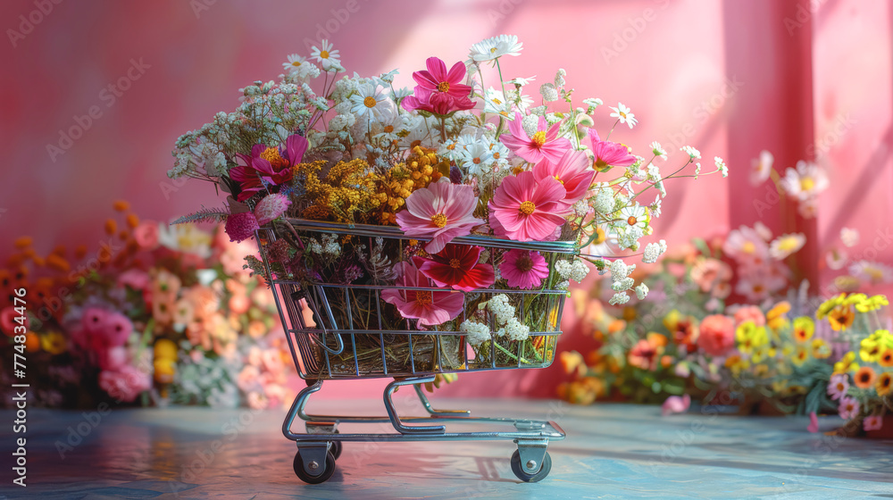 Shopping trolley with flowers on pink background.