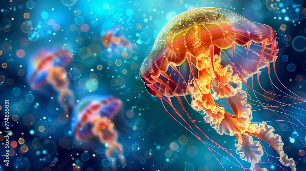 Naklejka premium Luminous Depths. A close-up view of jellyfish illuminated, showcasing their intricate structure and vibrant colors against a backdrop of deep blue ocean and bubbles.