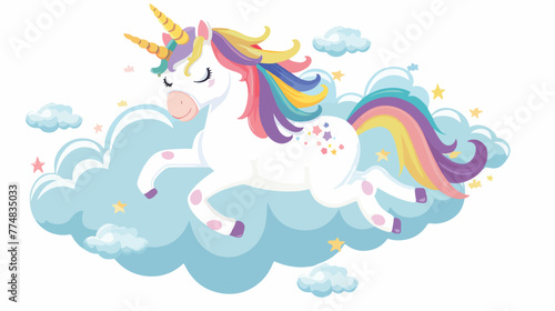 Rainbow unicorn on clouds flat vector isolated