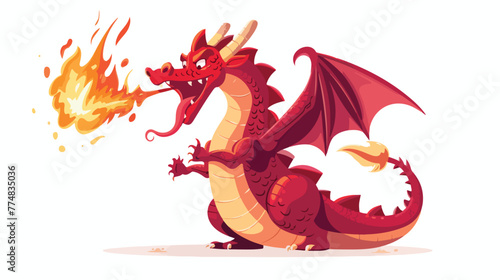Red dragon spitting fire flat vector isolated photo