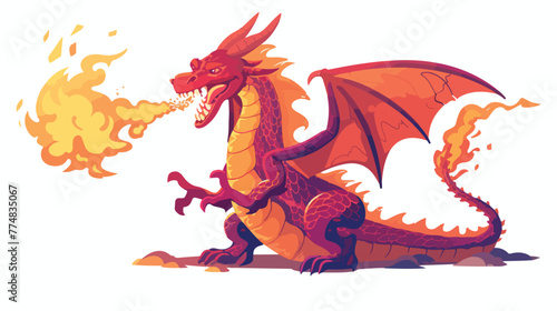 Red dragon spitting fire flat vector isolated © Aliha