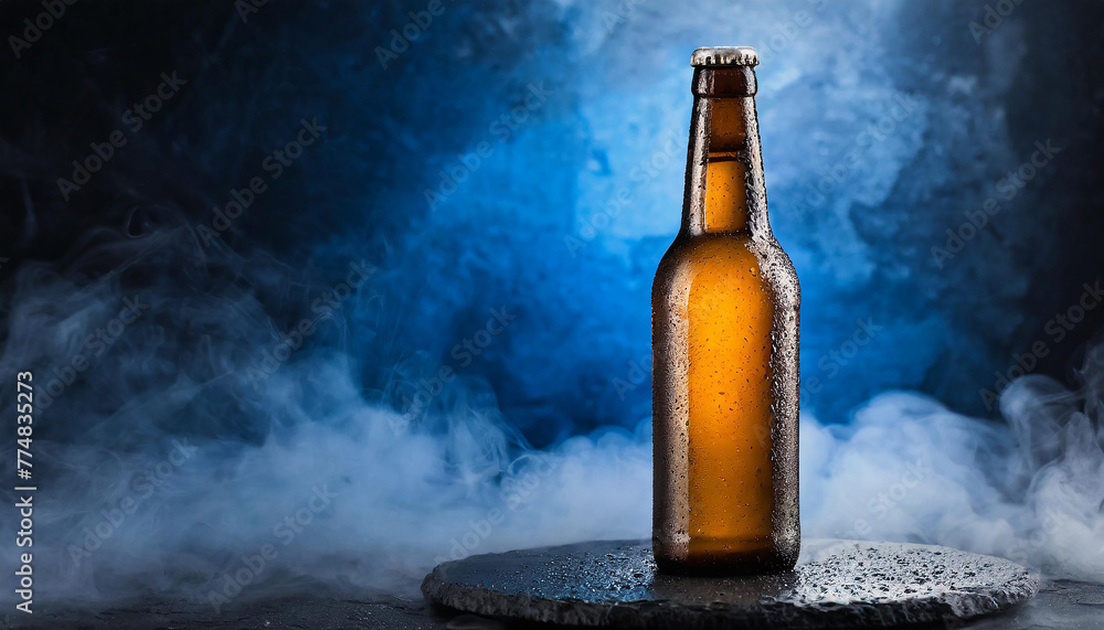 Glass bottle of beer with water drops. Blue white smoke of backdrop. Alcoholic beverage. Glass bottle of beer with water drops. Blue white smoke of backdrop. Alcoholic beverage.