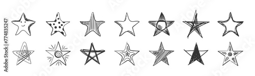 Set of black vector handmade stars in doodle style on a white background. Hand Drawn star doodles set. Sketch style icons. Vector illustration
