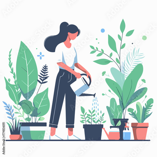 cartoon of a woman taking care of plants in the garden in flat design style