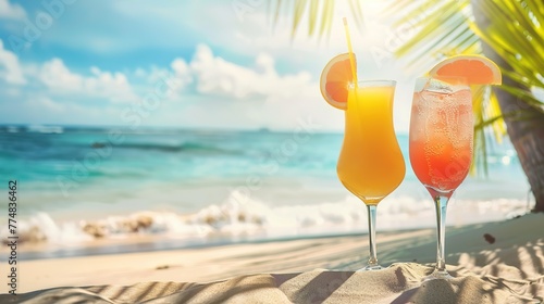 Tropical beach with summer drinks, beach palm tree