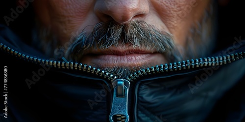 A man with a zipper over his mouth emphasizing his facial features and bold lips. Concept Art, Conceptual, Lips, Quiet, Expression