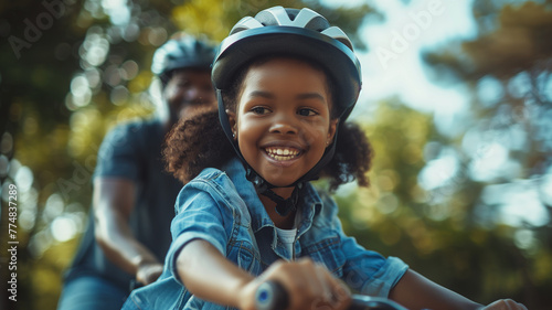 Afroamerican child girl riding a bicycle