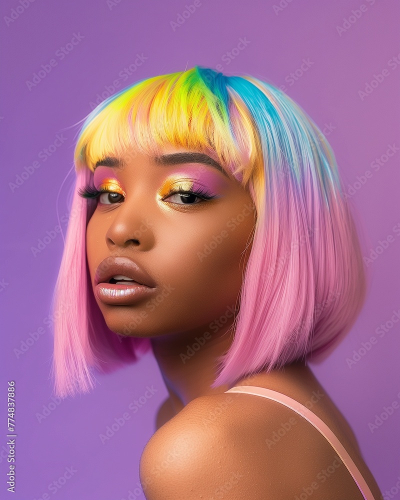 A black woman with pastel purple hair, colorful winged eyeliner and pink lipstick in the style of Barbiecore, holding her hand up to touch her face, beautiful eyes makeup A black woman with pastel purple hair, colorful winged eyeliner and pink lipstick in the style of Barbiecore, holding her hand up to touch her face, beautiful eyes makeup