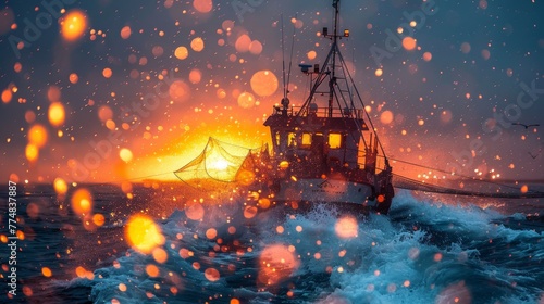Fishing in the North Sea. Fishing boat with fishermen on the high seas