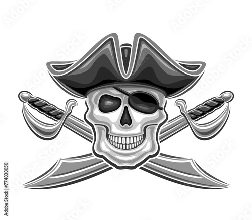 Vector logo for Pirate Skull, decorative badge with illustration of horrible pirate skull in old sea hat and crossed swords for e-sport team, vintage mascot for kids pirate party on white background