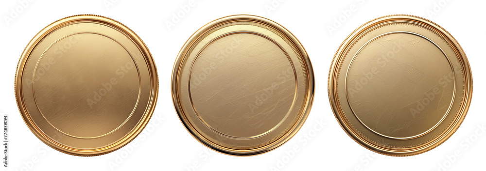 Set of realistic blank golden coins or medals isolated on white, empty metallic token template Set of realistic blank golden coins or medals isolated on white, empty metallic token template